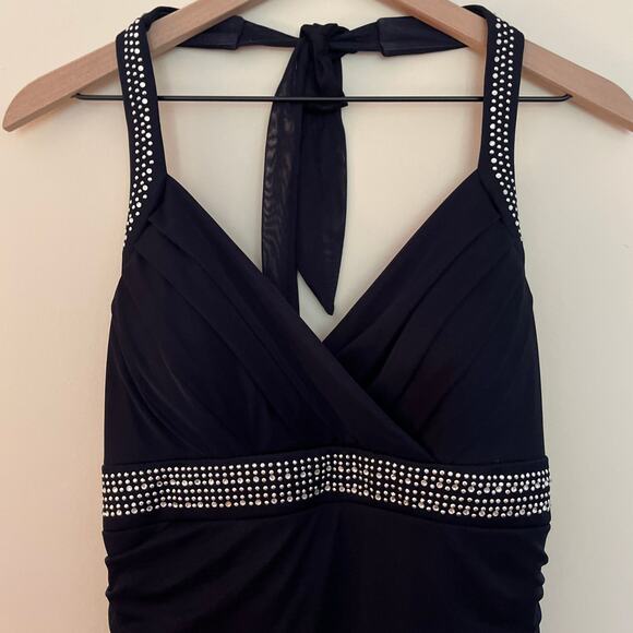 Vintage 90s Trixxi Halter Neck Ruched Midi Prom Dress Black Silver Rhinestone XL - Picture 5 of 7